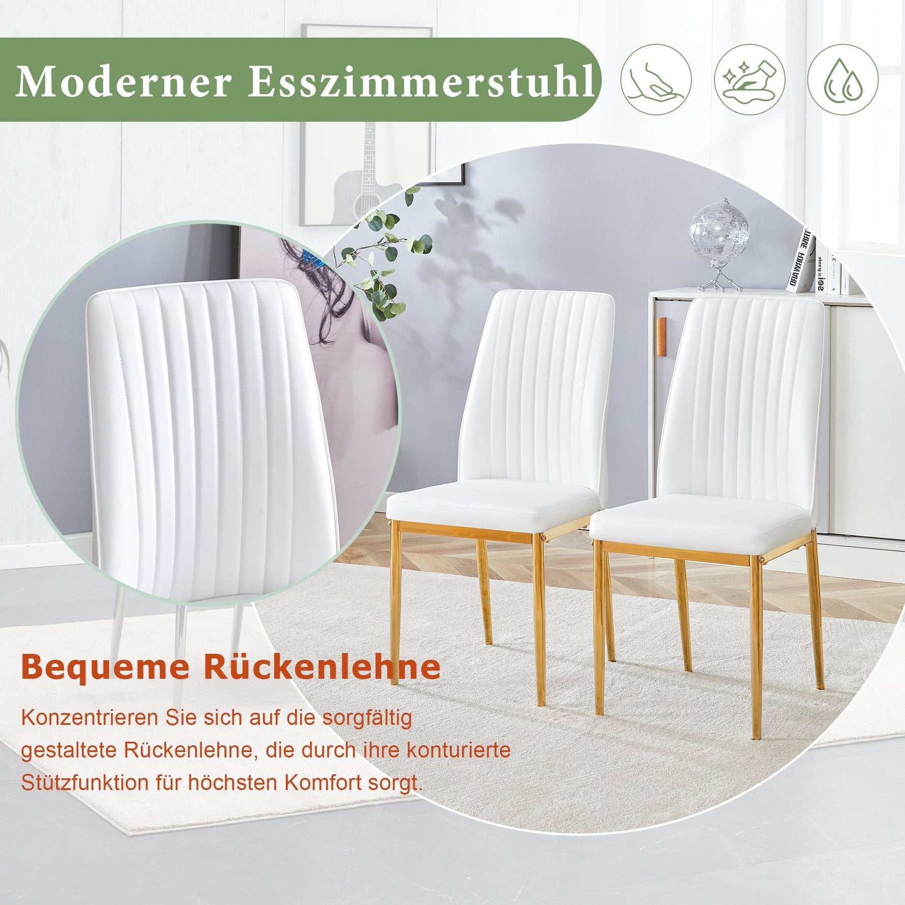Fashionable Dining Chair 4-Piece Set with Golden Metal Legs, White PU Leather