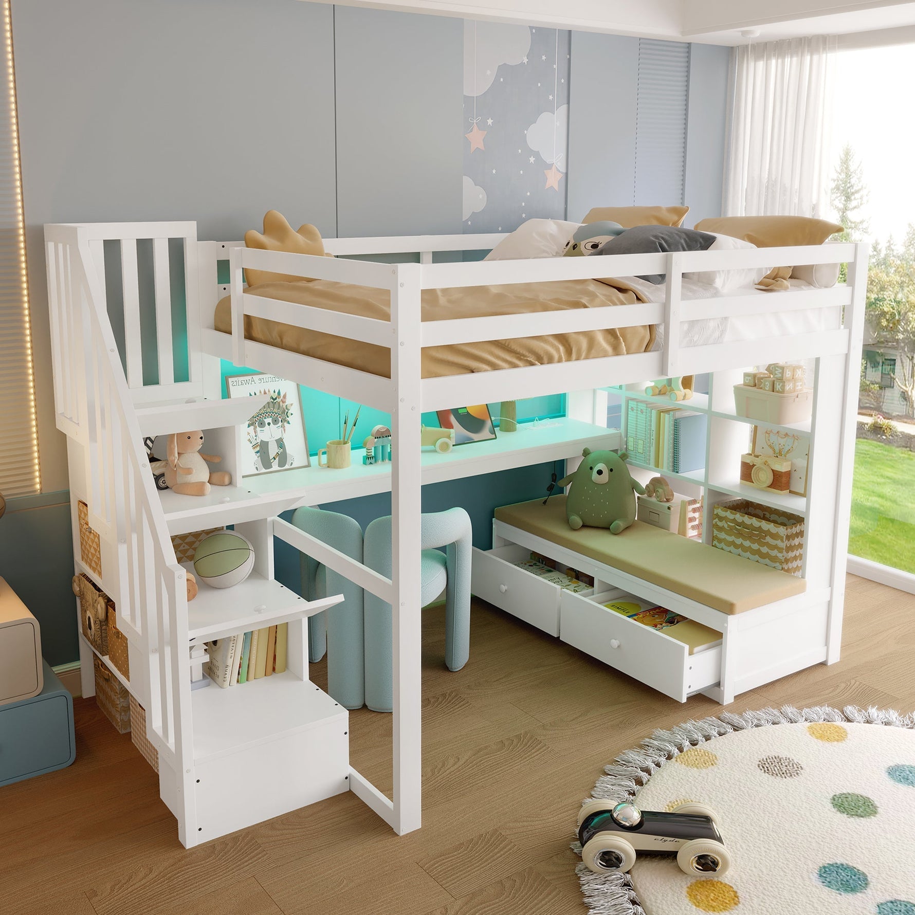 Loft Bed with Desk, Shelves, Drawers and Storage Stairs, 140x200cm, White