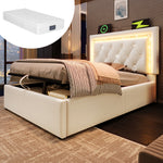 Upholstered Bed 90x200cm with LED & Storage, Beige Velvet