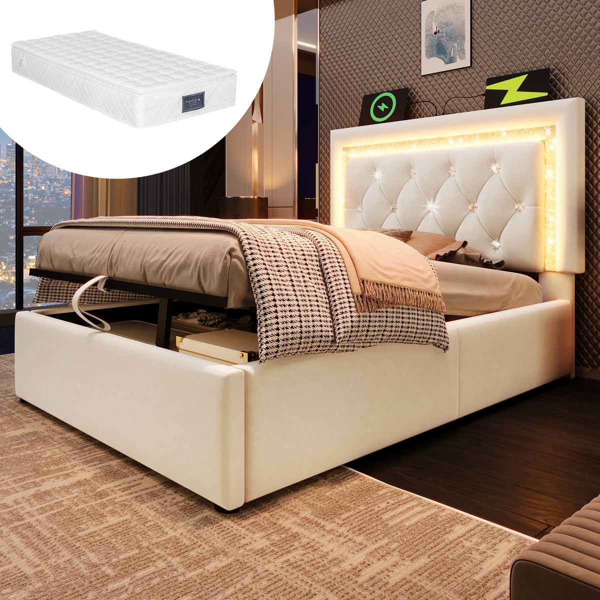 Upholstered Bed 90x200cm with LED & Storage, Beige Velvet