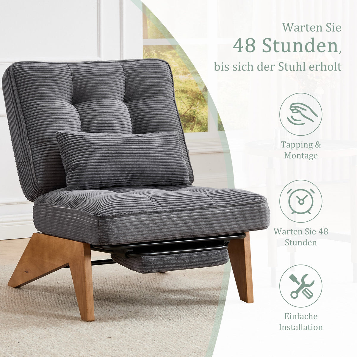 Lounge Chair Adjustable Backless Footrest Lumbar Cushion Wooden Legs, Fabric