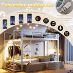 Bunk Bed 90x200 cm with Drawers & LED, White Iron Frame