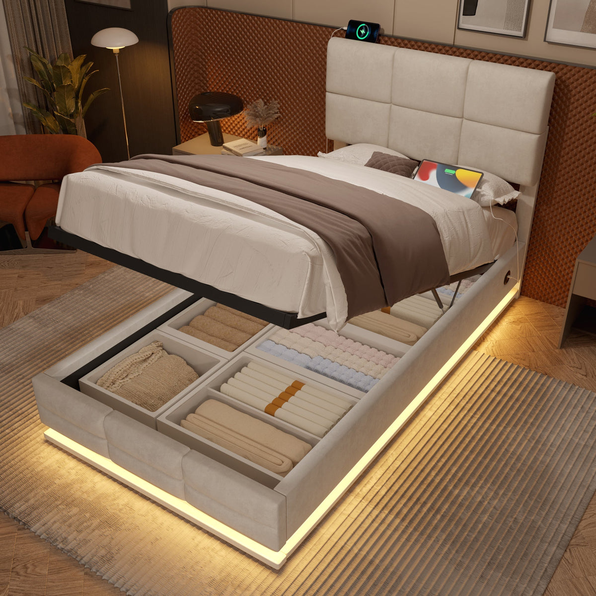 Modern Velour Upholstered Bed 90x200cm Adjustable Headboard USB/LED Hydraulic Storage, Beige