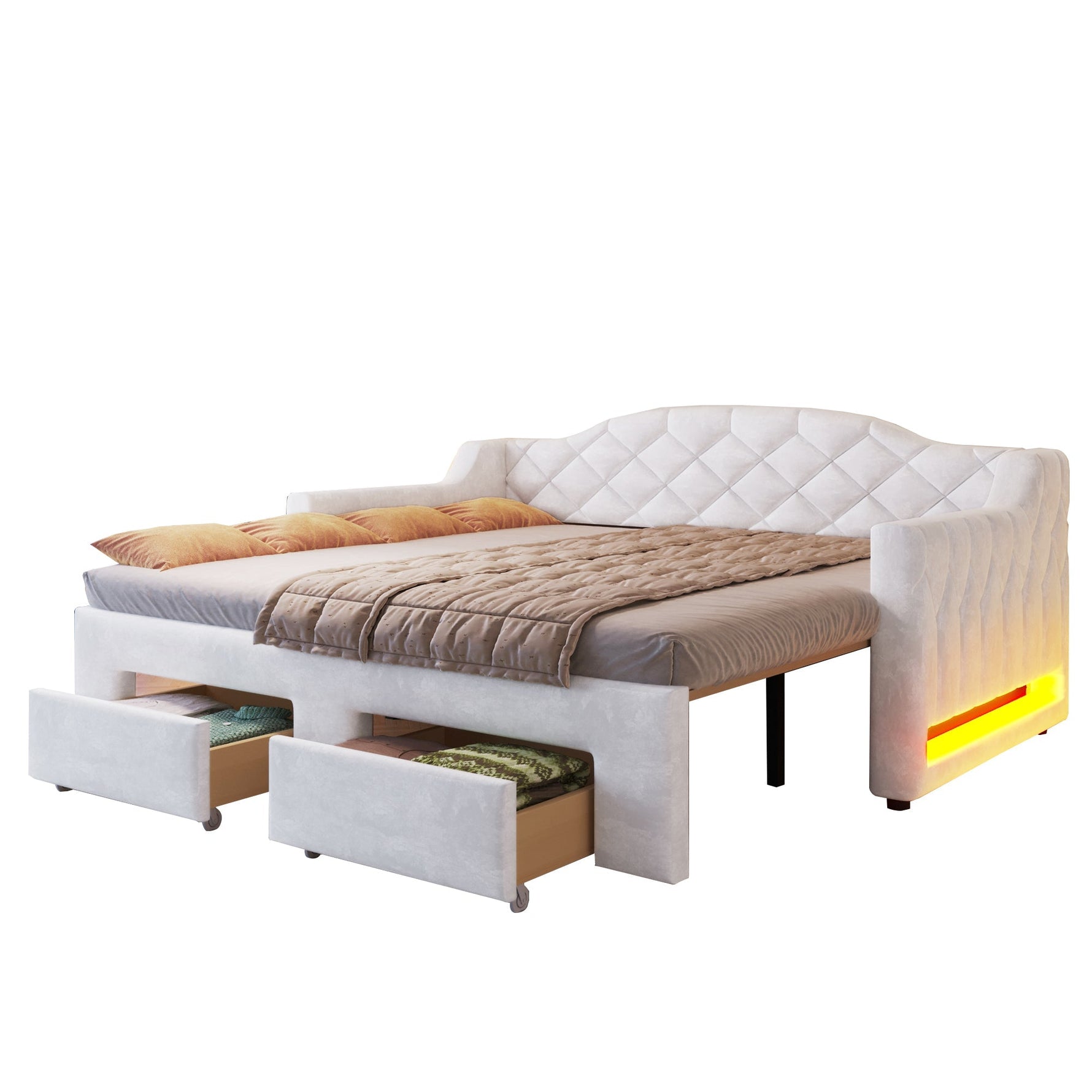 Upholstered Daybed with Two Drawers and LED Lighting, 90x200 to 180x200cm, White