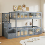 Bunk Bed 90x200 with Safety Stairs & Storage Drawers, Grey Wood