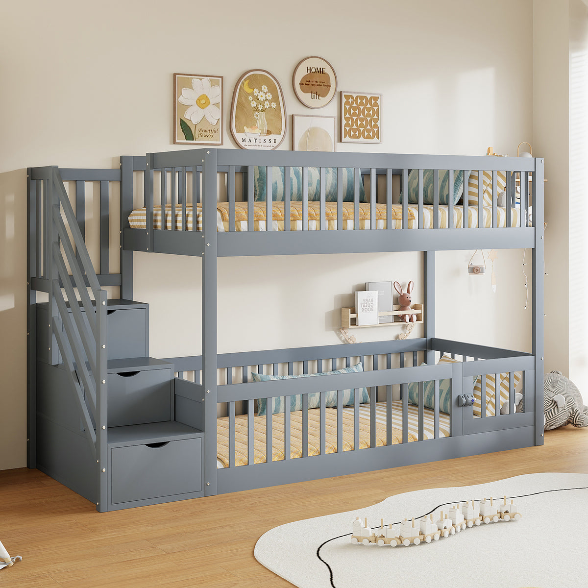 Bunk Bed 90x200 with Safety Stairs & Storage Drawers, Grey Wood