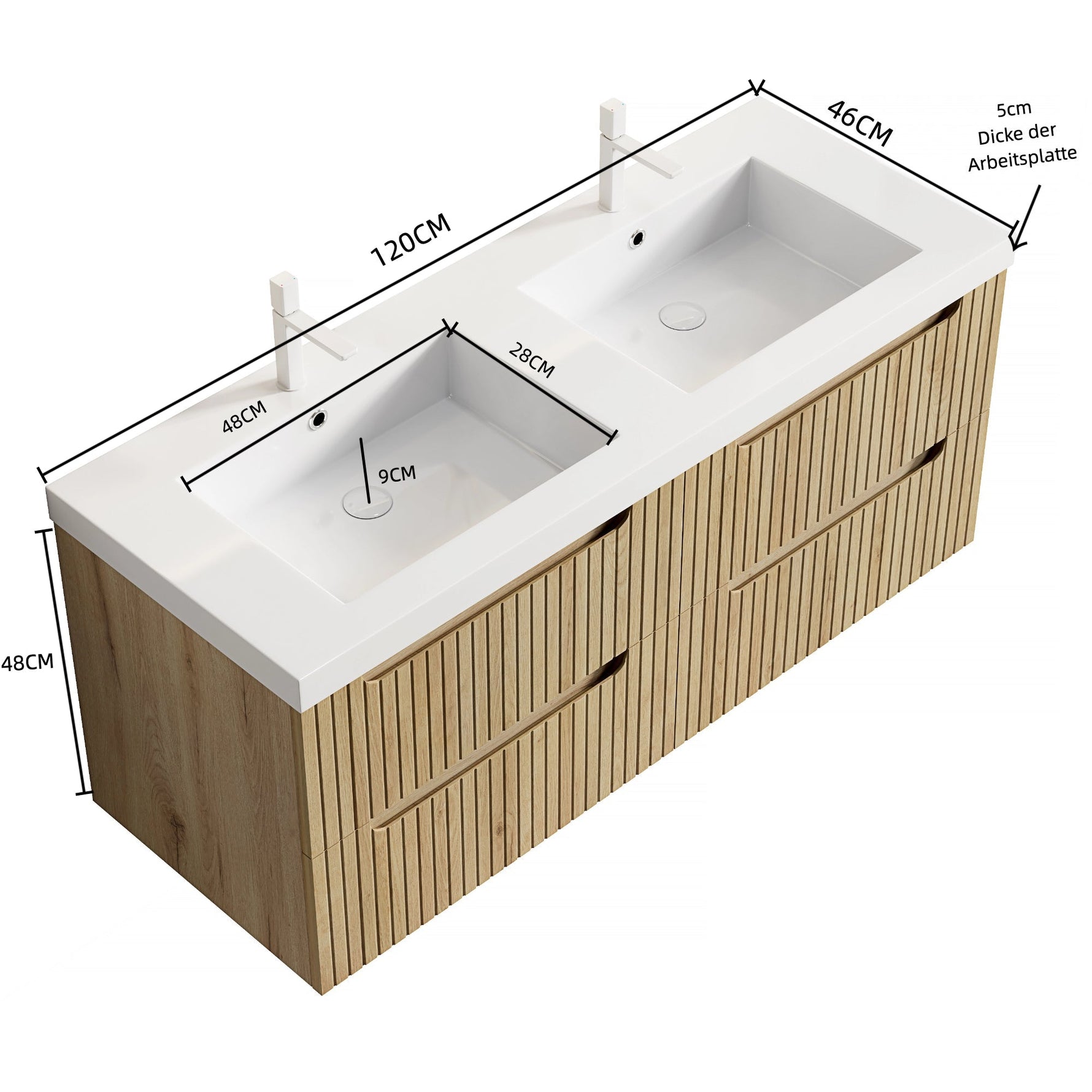 Floating Bathroom Vanity Unit with 2 Undermount Sinks and 4 Drawers, White Oak Wood Grain