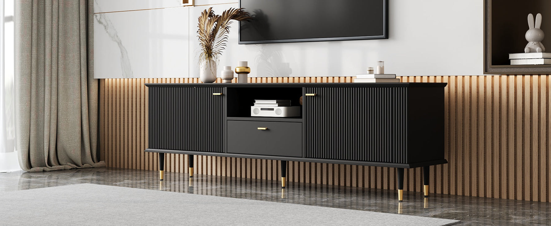 TV Cabinet with Open Compartments, Drawers and Soft-Close Hinges, Lacquered Textured Surface