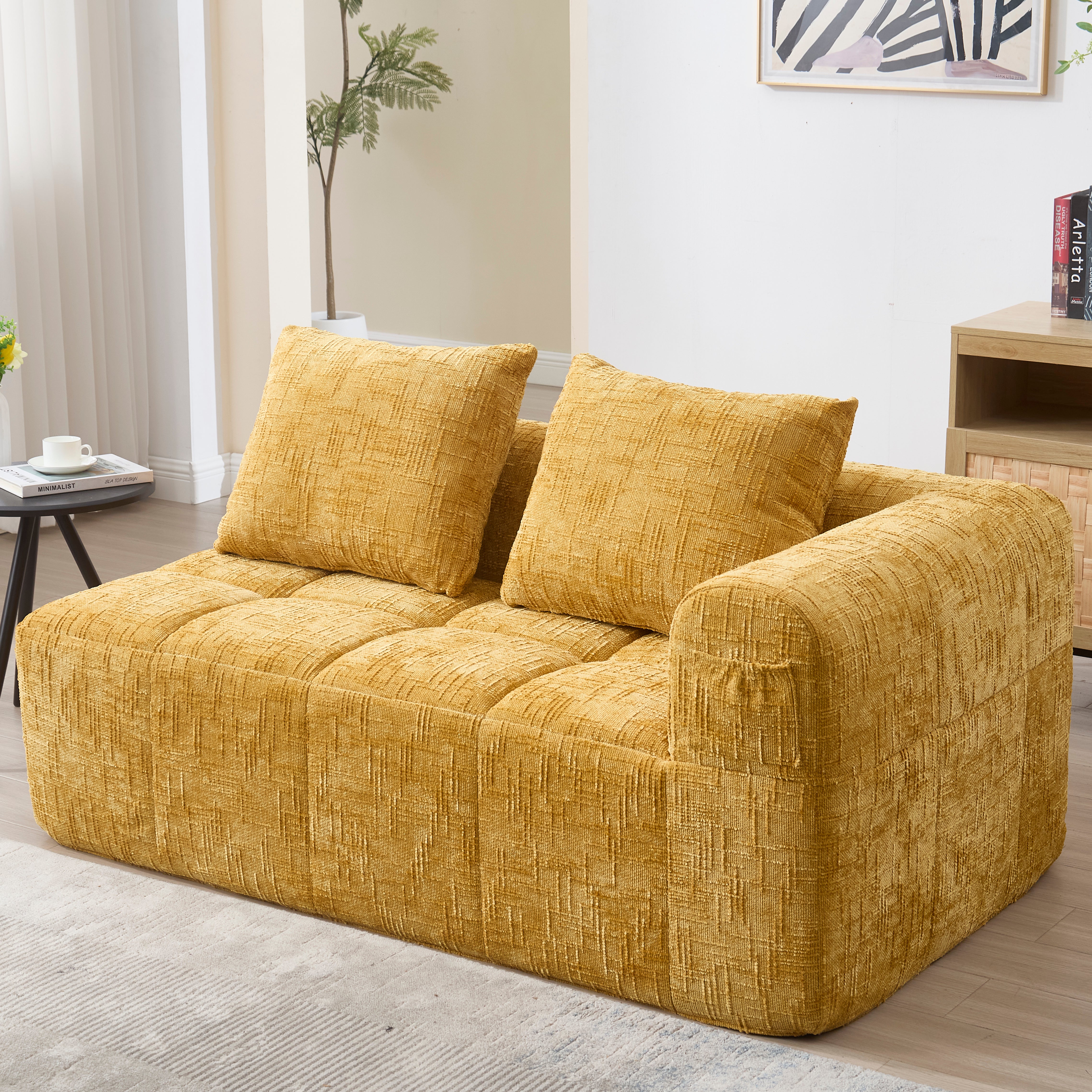2-Person Sofa, Plush Cushion Side Pockets, Yellow