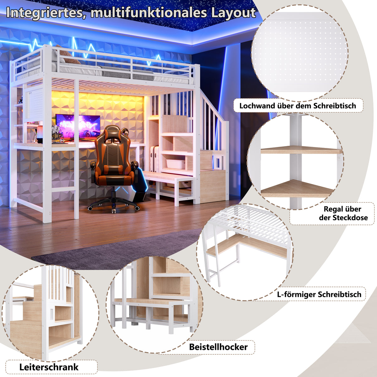 Loft Bed 90x200cm with Desk, LED Lighting & Storage - White