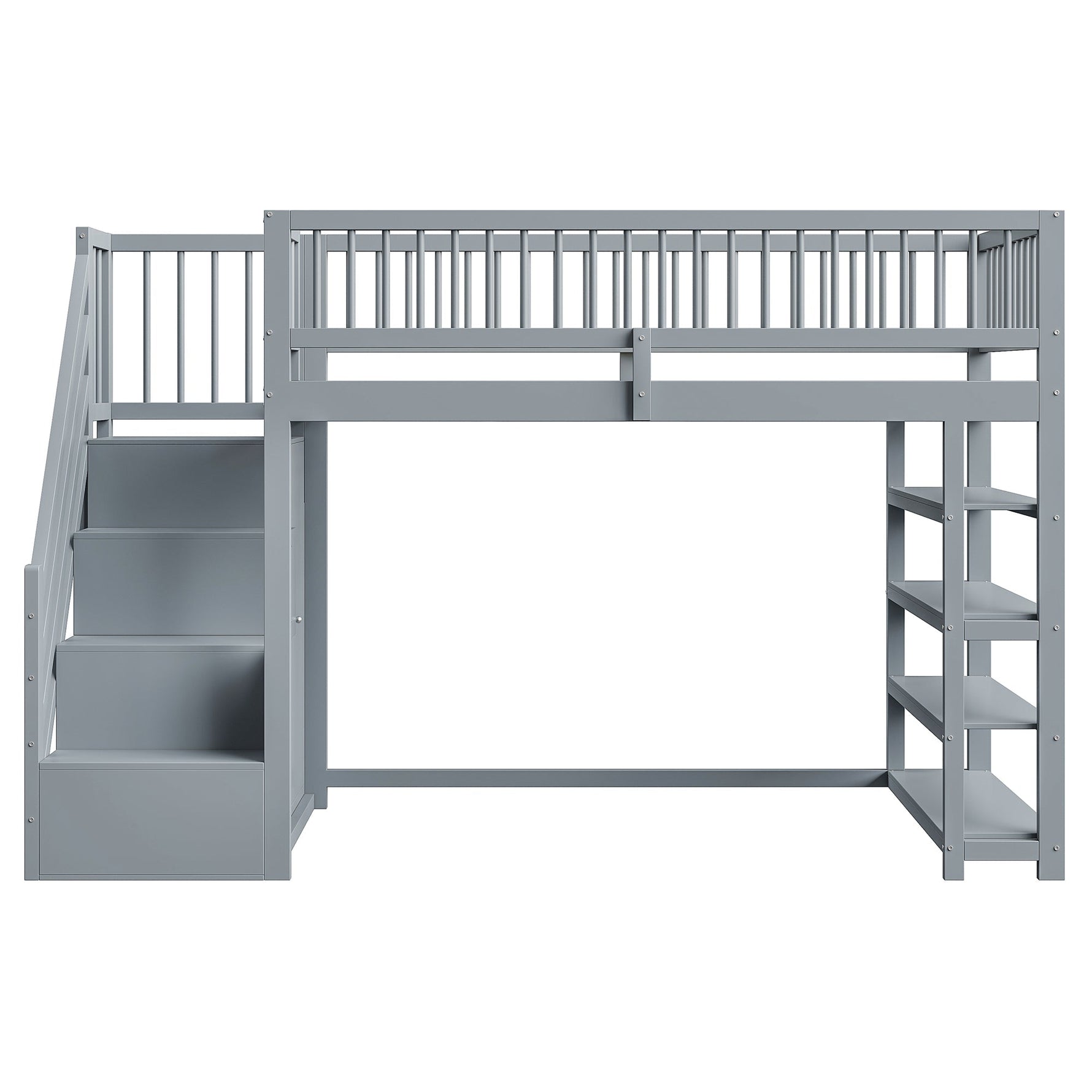 Loft Bed with Wardrobe, Shelves, Storage, Ladder, 90 x 200, Solid Wood, Grey