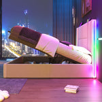 Upholstered Double Bed, USB C, APP Control, LED, Storage, Beige Linen