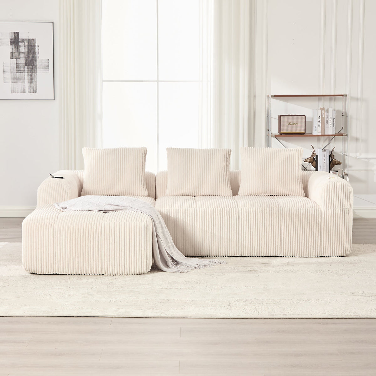 Compact Modular Sofa with Side Pocket, Cup Holder & 3 Cushions - Corduroy Beige