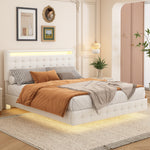 Flatbed Bed 140x200cm with LED & Adjustable Headboard, White PU