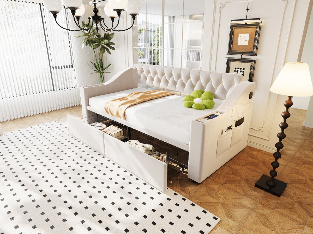 Upholstered Sofa Bed with USB Port, Storage Armrests and Drawer, Beige Velvet
