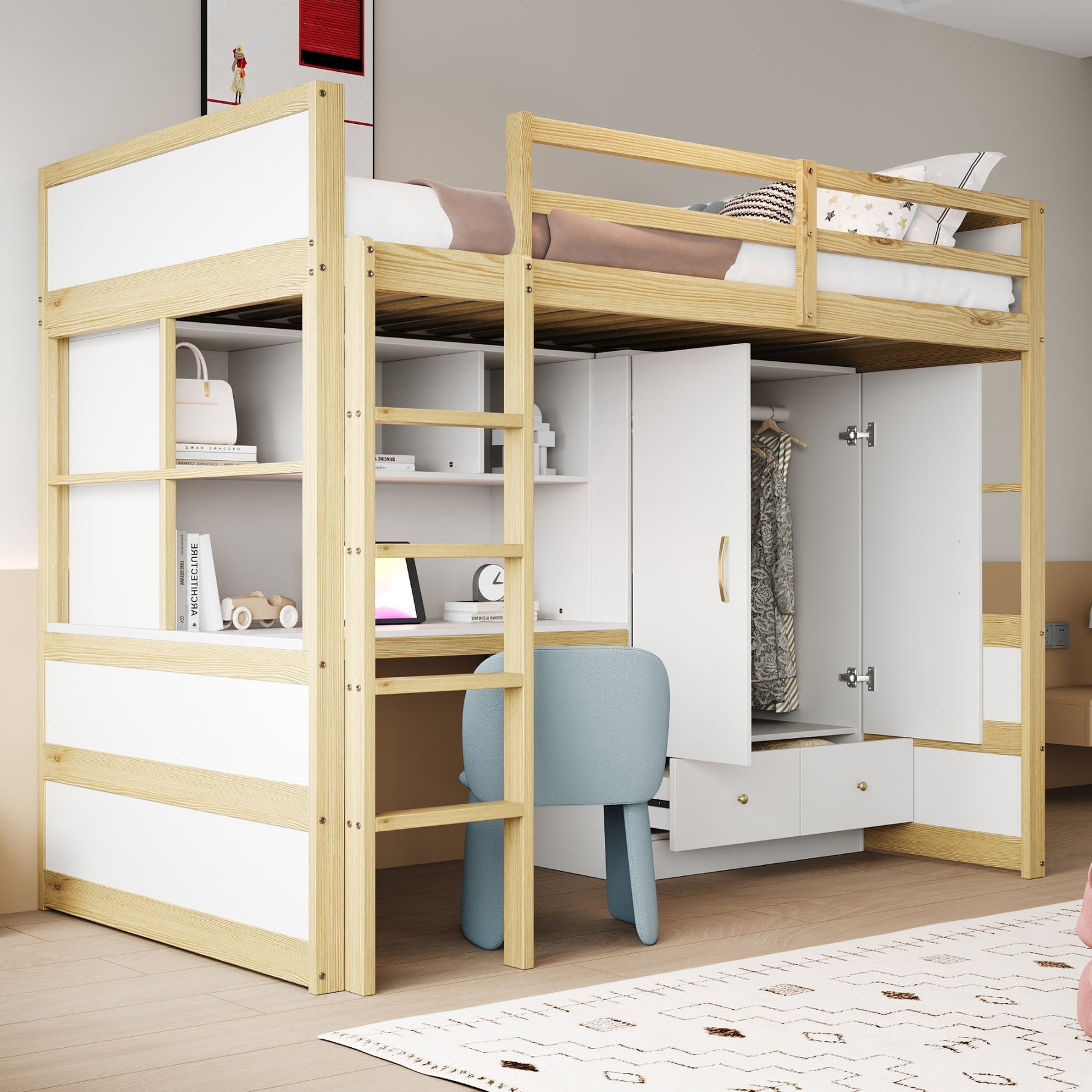 Loft Bed, 90x200cm with Ladder, Desk, Wardrobe & Drawers, Wood Color