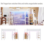 Loft Bed with LED Light Strip, Desk and Storage Shelves, White Metal