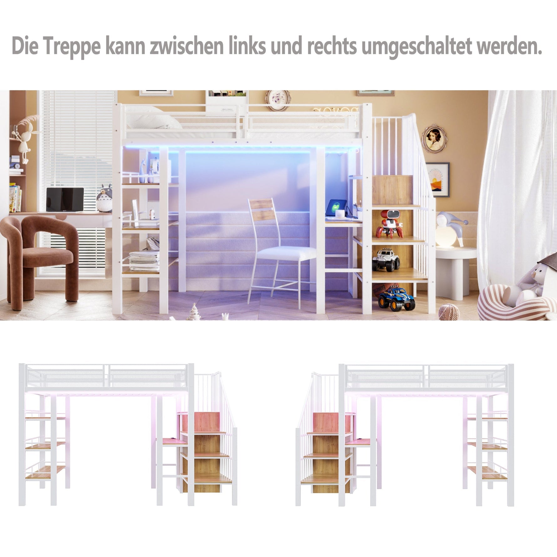 Loft Bed with LED Light Strip, Desk and Storage Shelves, White Metal