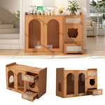 Cat House Litter Box Cabinet Multi-purpose with Food Bowls and Storage, Walnut Color