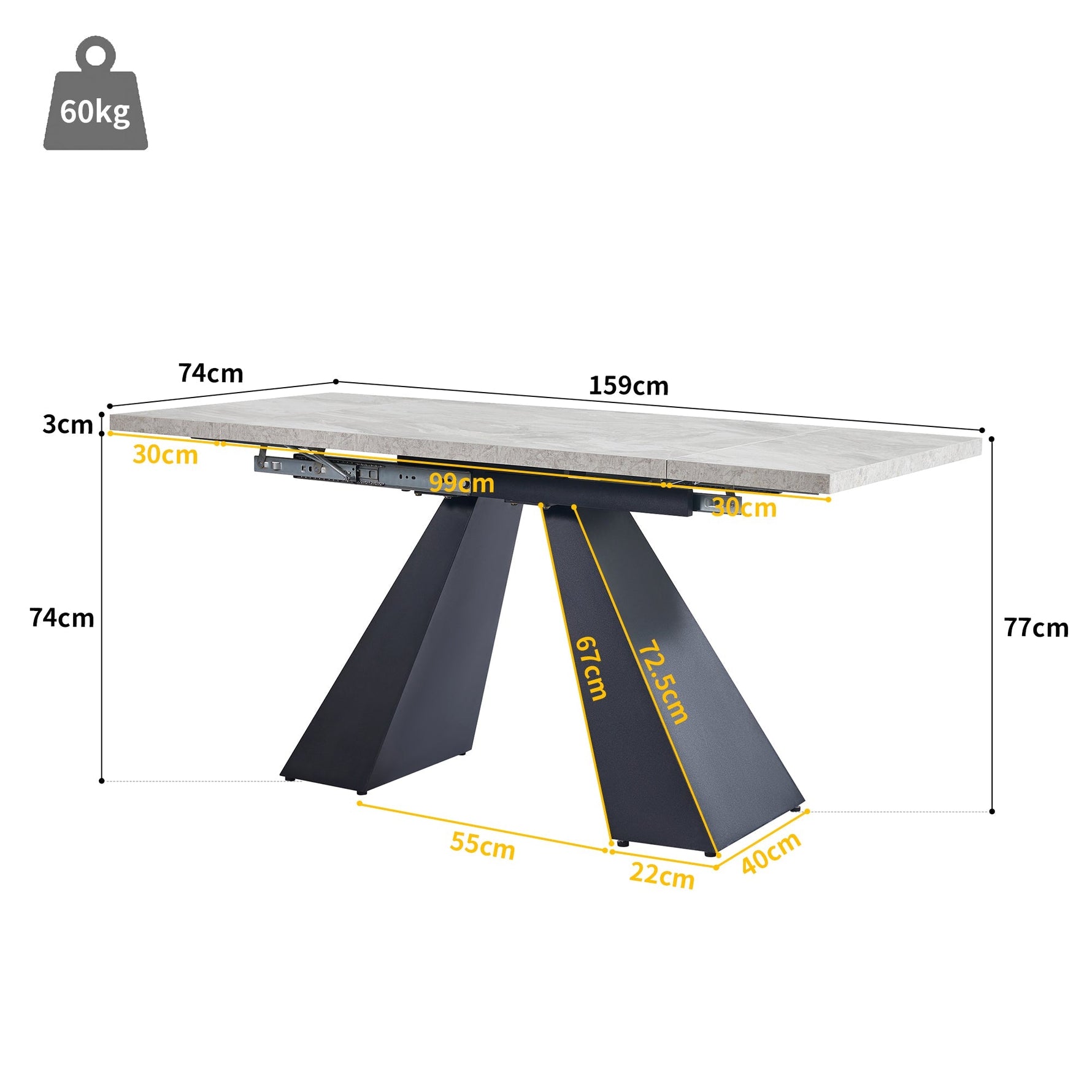 Telescopic Dining Table Extendable 99-159cm Pedestal Legs - Grey