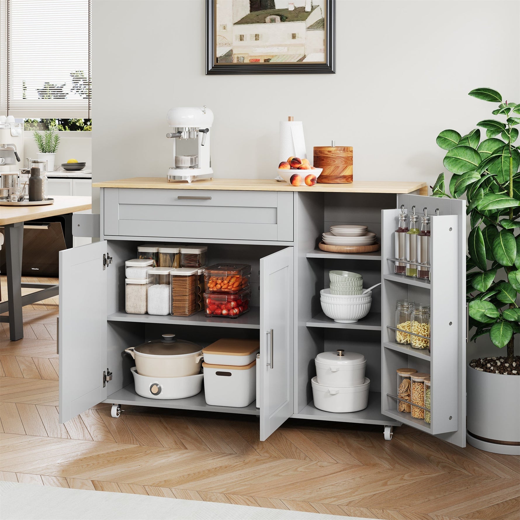 Mobile Kitchen Table Folding Top Storage Wheels - Oak Grain