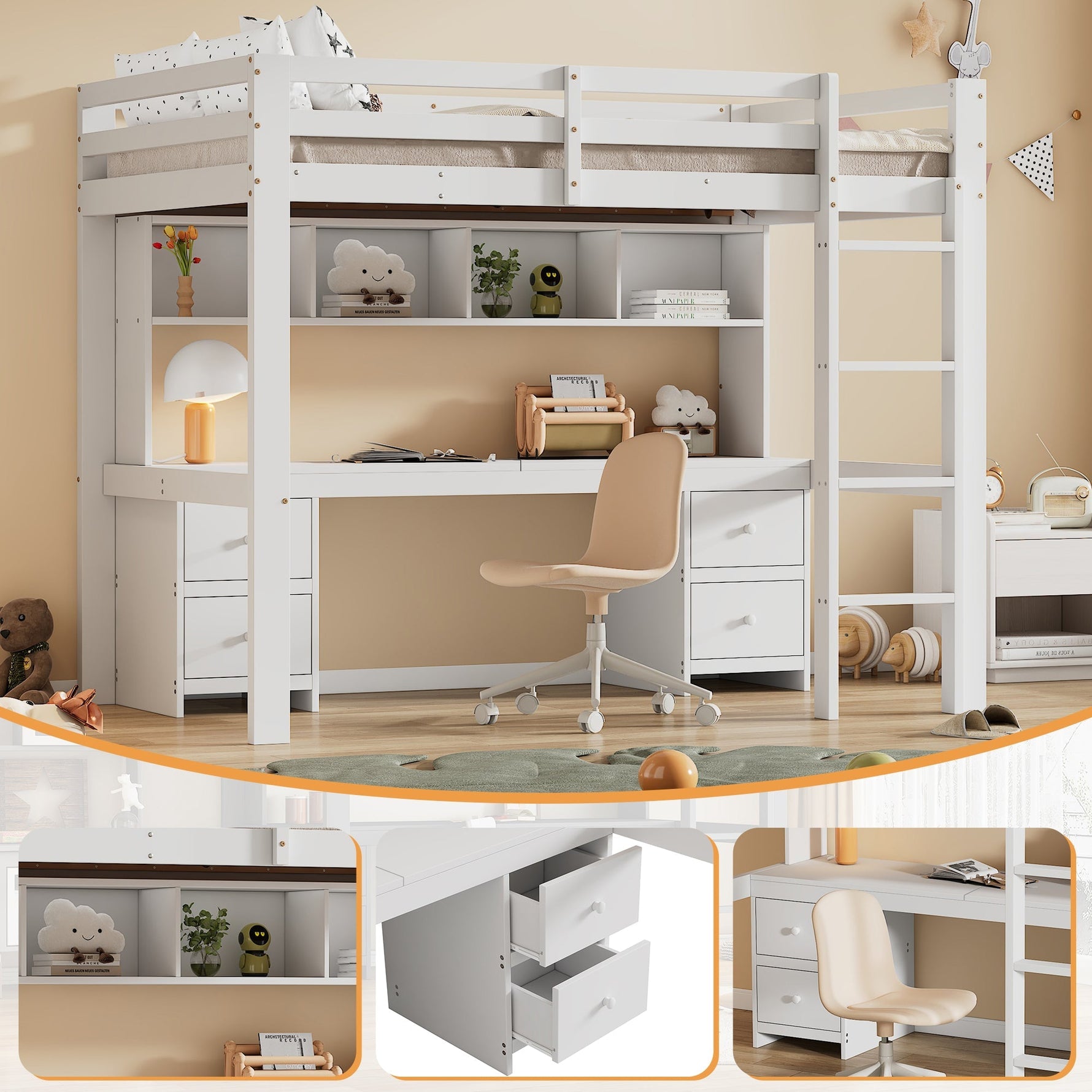 Loft Bed for Children with Desk and Storage, 90x200cm, White Pine Wood