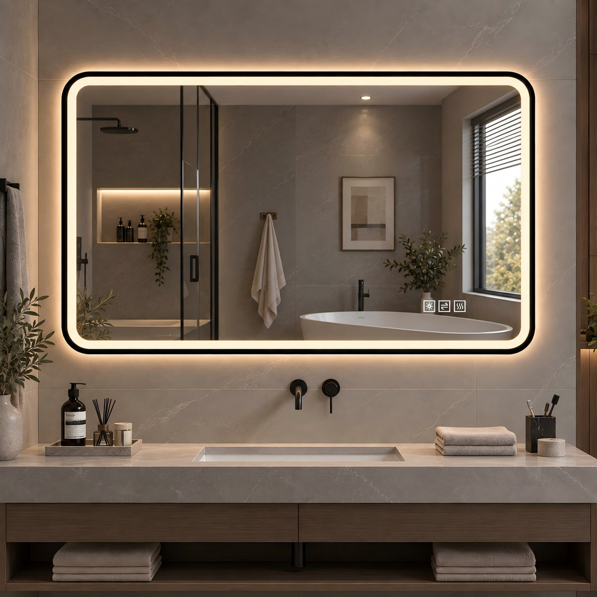 LED Bathroom Mirror 60x100 cm, Dimmable Anti-Fog, Black Aluminum