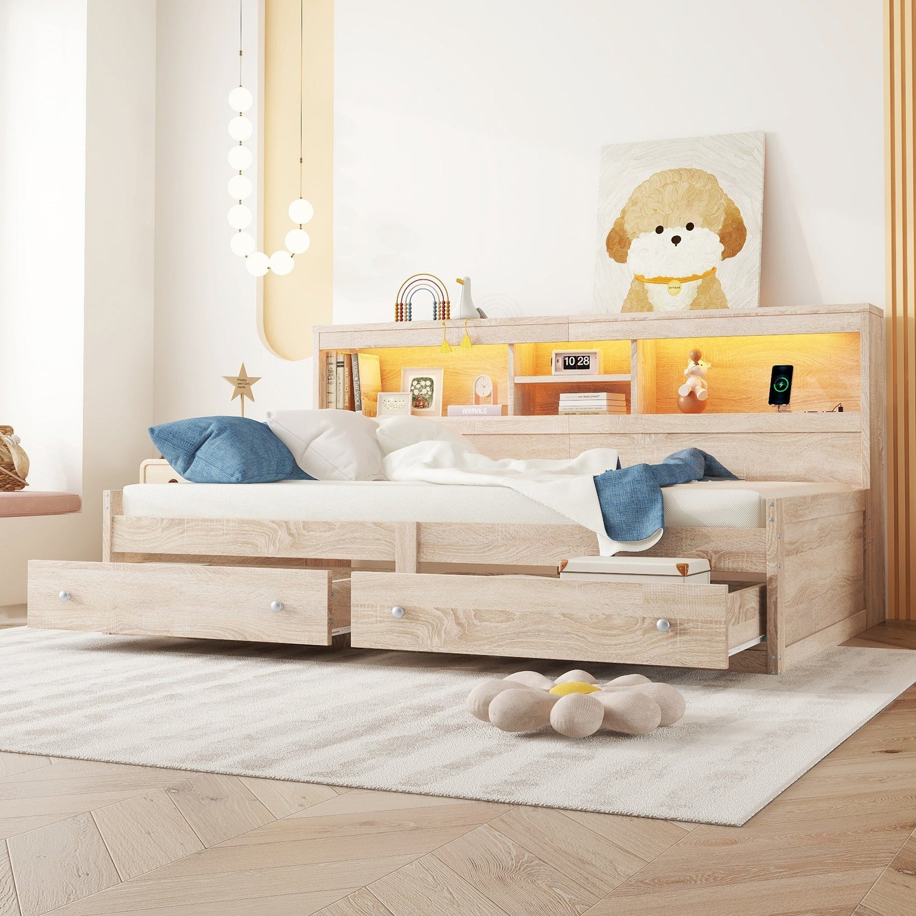 Daybed Sofa Bed 90x200cm Nightstand USB Charging Ambient Lighting 2 Drawers Chipboard Natural