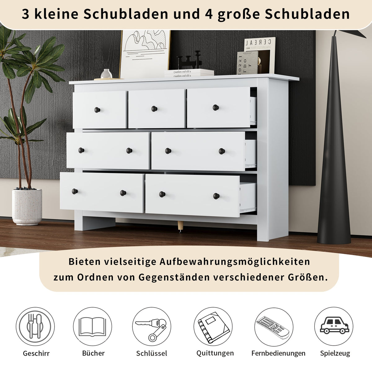 Dining Cabinet, Modern Minimalist 7-Drawer Buffet, White