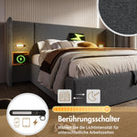 Upholstered Double Bed 160x200, with Bedside Table, Reading Lamp, USB-C, Gray Linen