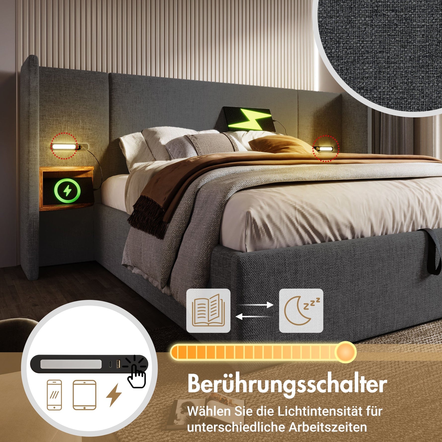 Upholstered Double Bed 160x200, with Bedside Table, Reading Lamp, USB-C, Gray Linen