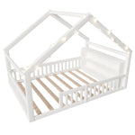 Children's Flatbed with House Rail and LED Beads, 140 x 190 cm, Pine Wood, White