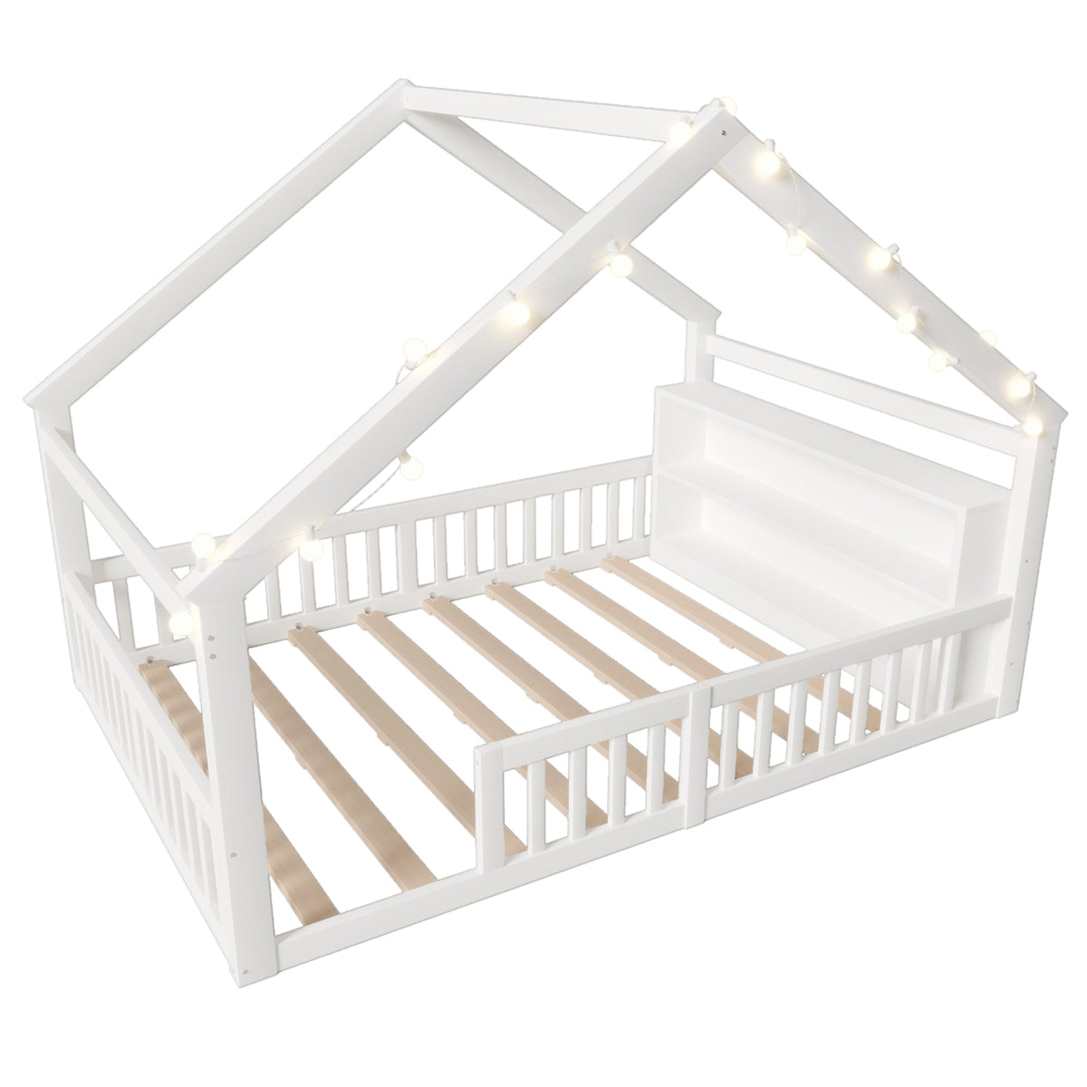 Children's Flatbed with House Rail and LED Beads, 140 x 190 cm, Pine Wood, White