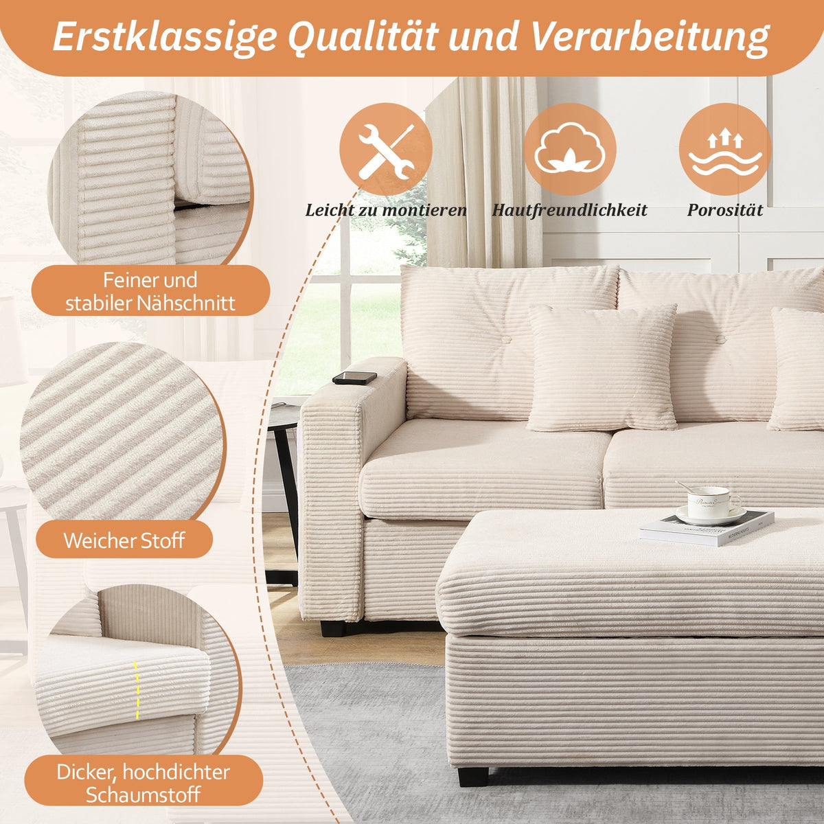 Sofa, Modern LED Combination with Cloud-Like Seating, 3-Seater + Ottoman, Modular L-Shaped