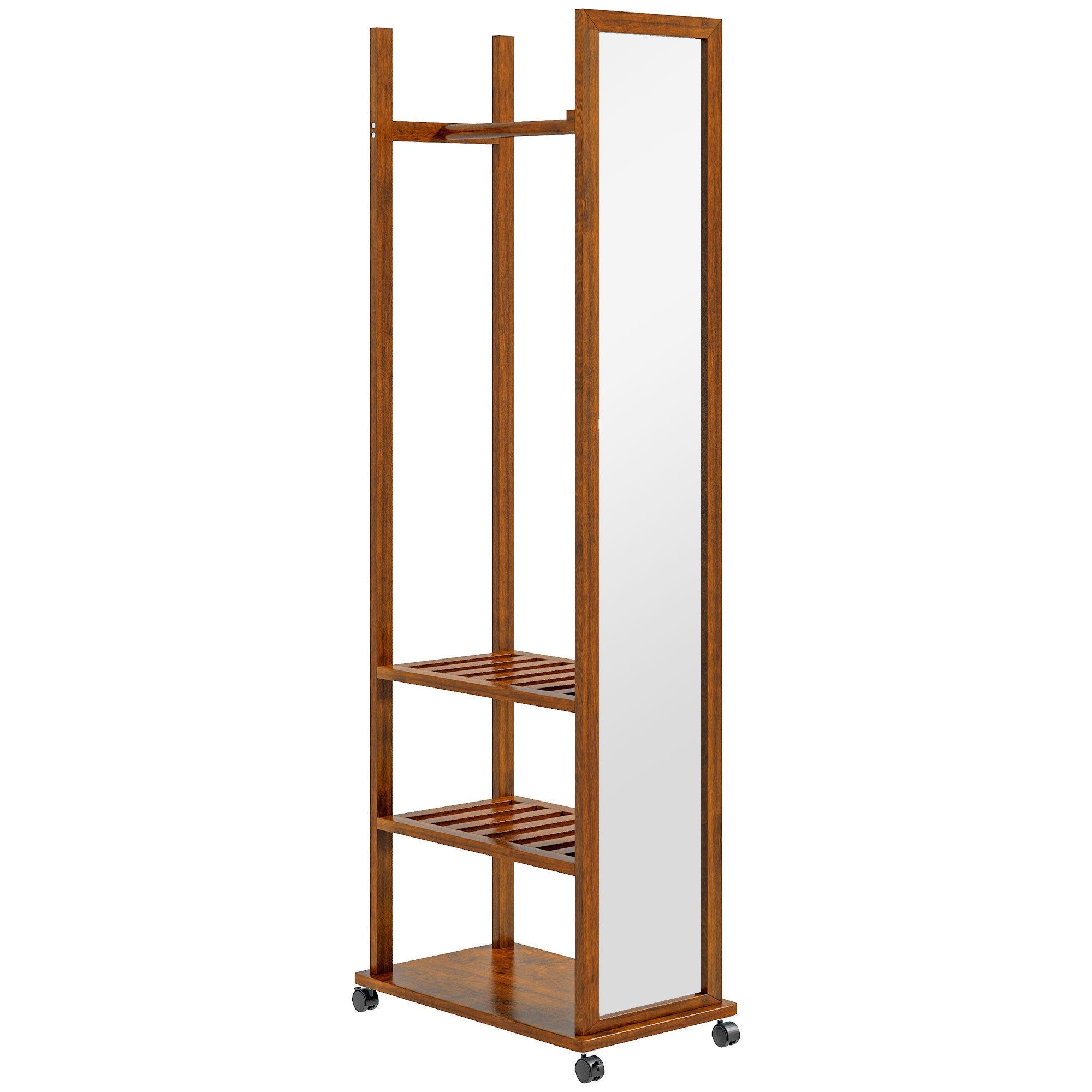 Standing Mirror with Wheels, 3 Levels Clothes Rail, Walnut