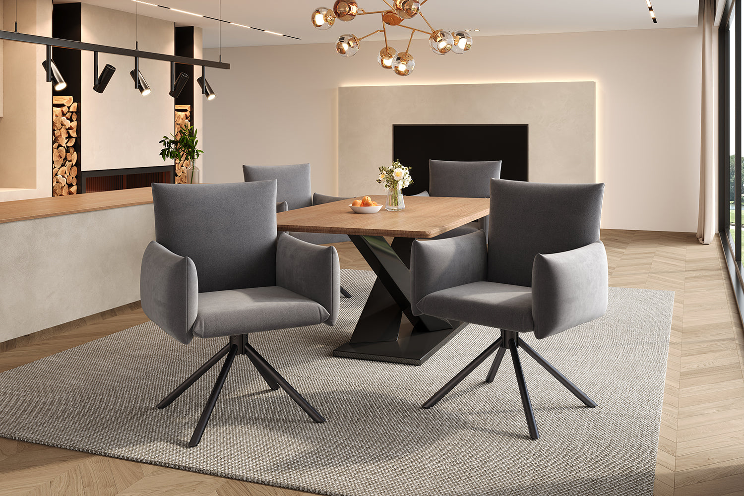 Set of 6 Dining Chairs Upholstered 360° Swivel Lumbar Support - Velvet Grey