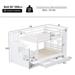 Bunk Bed with Storage Stairs and Drawers, 90x200cm, Pine Wood, White and Grey