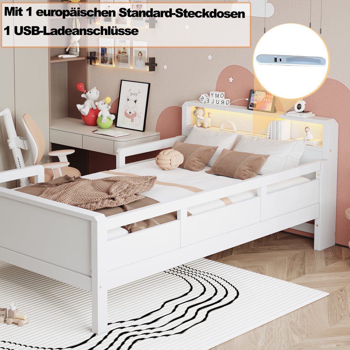 Wooden Bed, 90x200cm Multifunctional with USB & LED, Pinewood White