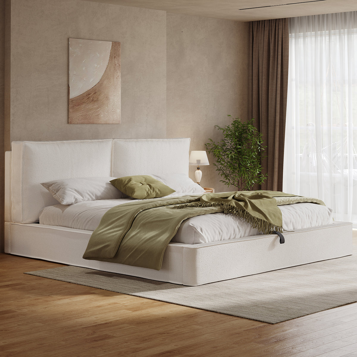 Upholstered Double Bed 180x200cm Hydraulic Storage, Beige Bouclé