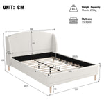 Upholstered Bed 140x190 cm with Winged Headboard and Slatted Base, Ivory White Bouclé Fabric