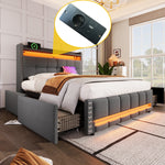 Upholstered Bed 140x200cm, LED & USB, 4-Drawer Storage, Linen Gray