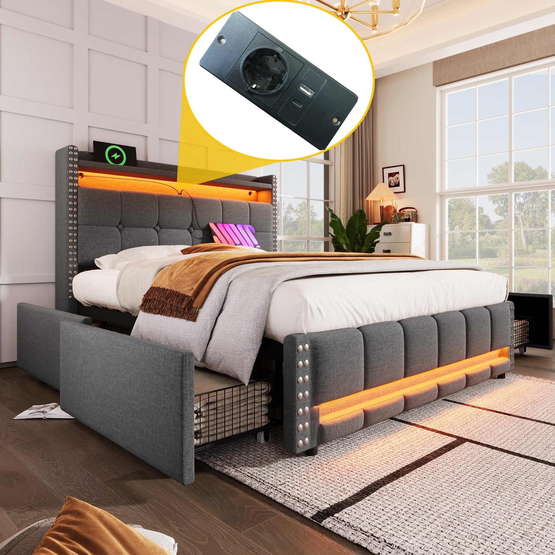 Upholstered Bed 140x200cm, LED & USB, 4-Drawer Storage, Linen Gray