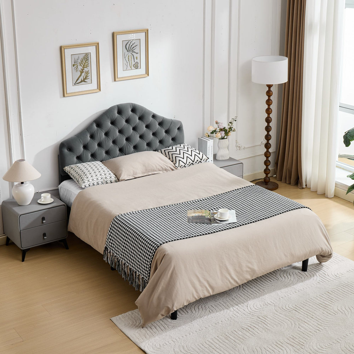Full Upholstered Platform Bed Frame, 140x200cm, Velvet Gray