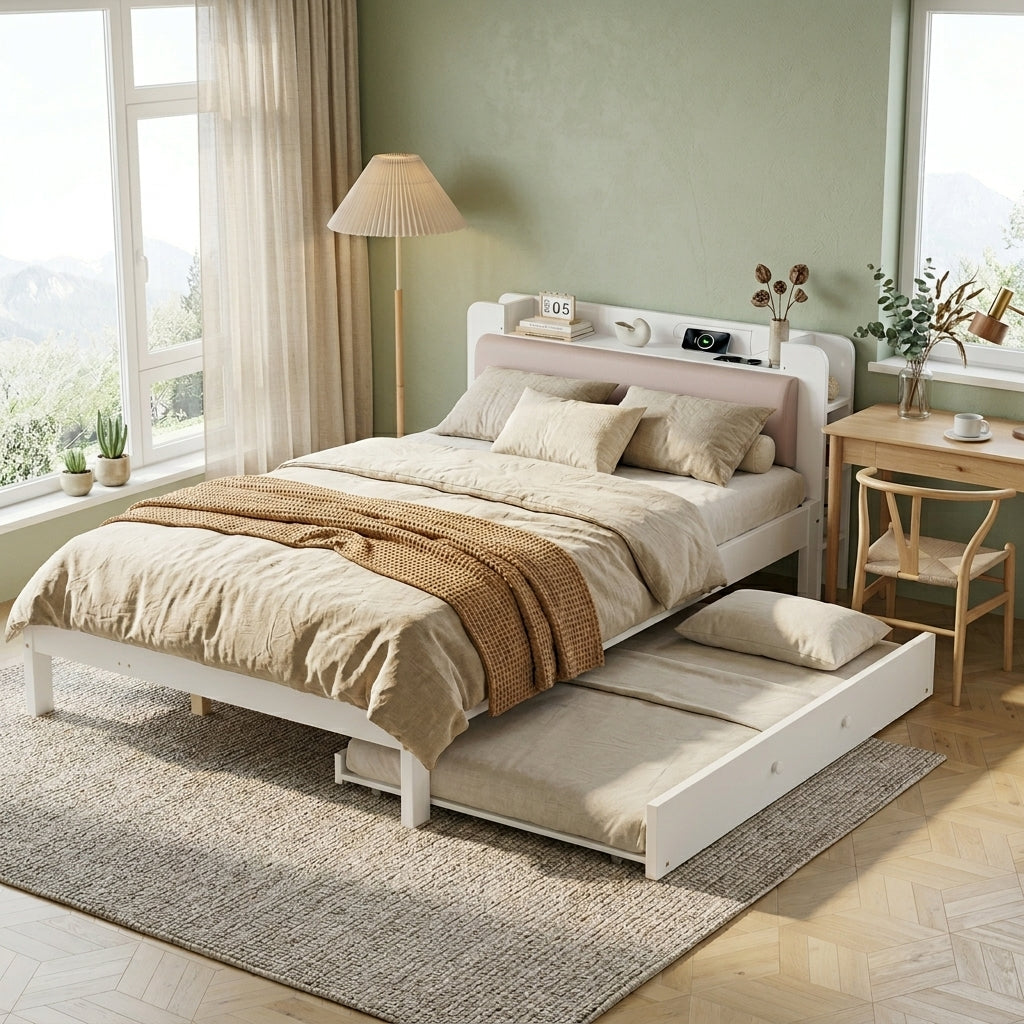 Functional Bed 120x200cm with Pull-Out Bed & Storage, White Wood