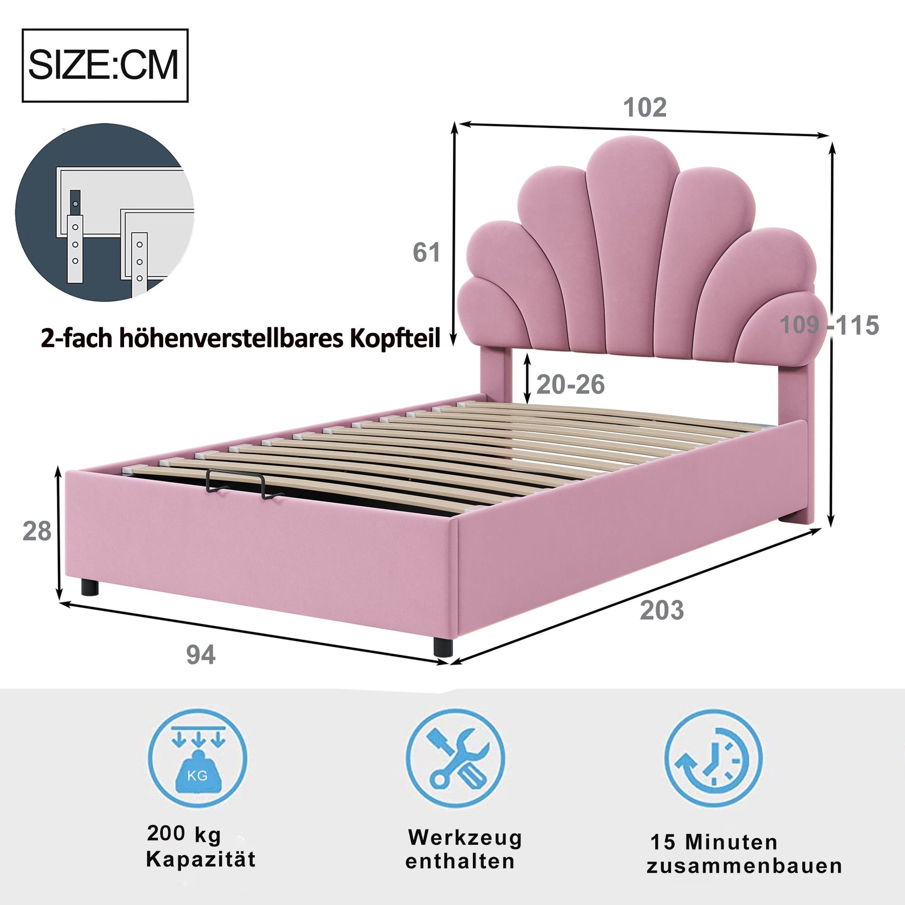 Upholstered Double Bed 90x200cm Floral Headboard Hydraulic Storage Velvet Beige/Pink