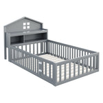 Children's Bed 90 x 200, Solid Wood Frame with Shelves, Storage, Safety Gate & Picture Rail, Grey