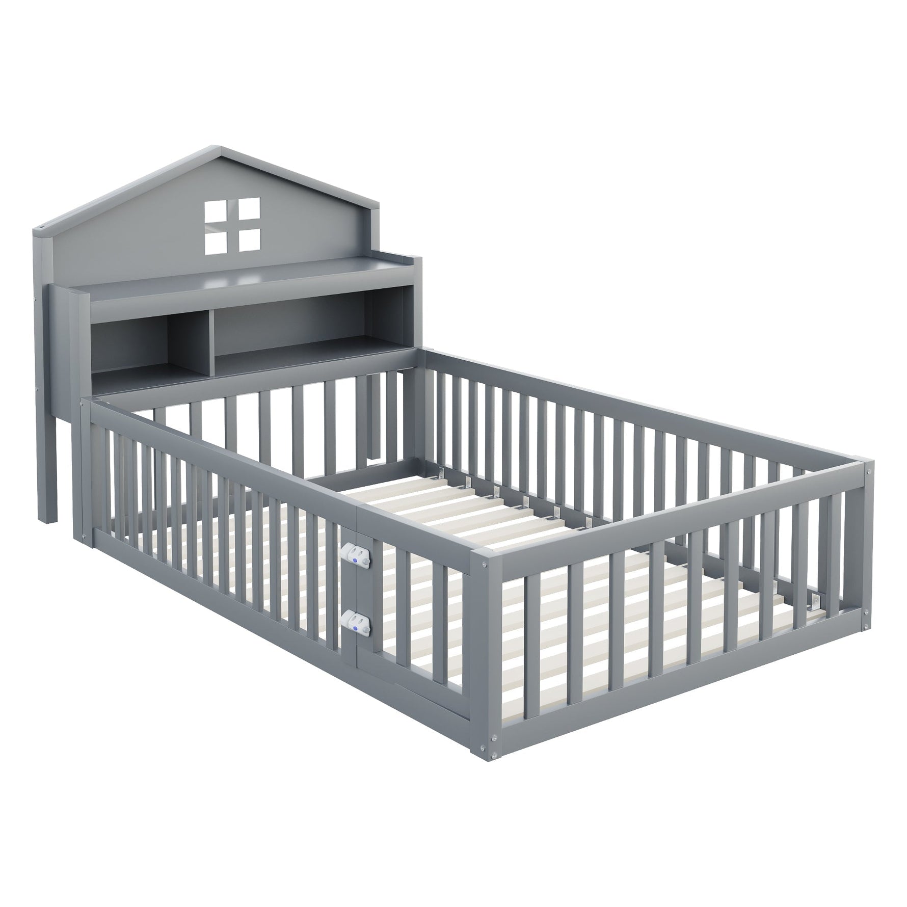 Children's Bed 90 x 200, Solid Wood Frame with Shelves, Storage, Safety Gate & Picture Rail, Grey