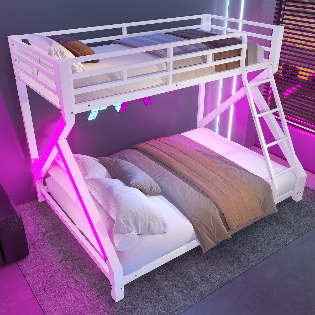 Kids Bunk Bed 90x200 & 140x200cm with LED Light, White Iron Frame