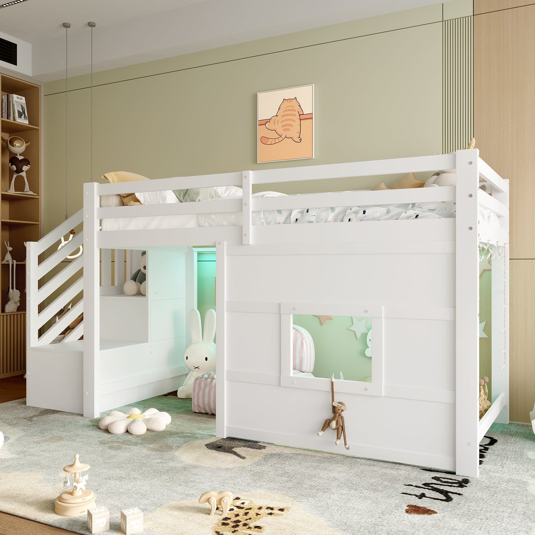 Loft Bed with Storage Stairs and Window, 90x200cm, White Pine Wood + MDF