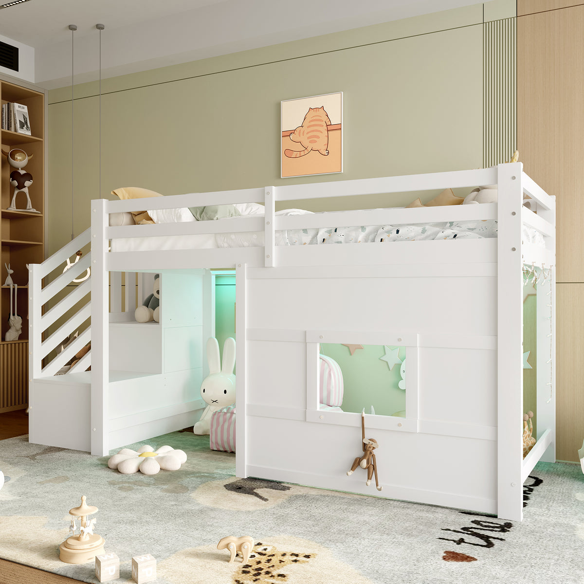 Loft Bed 90x200cm with Storage Stairs & Window, White